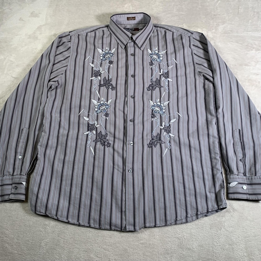 Coastal Embroidered Floral Stripe Shirt Mens‎ XL Gray Button Down Long Sleeve
